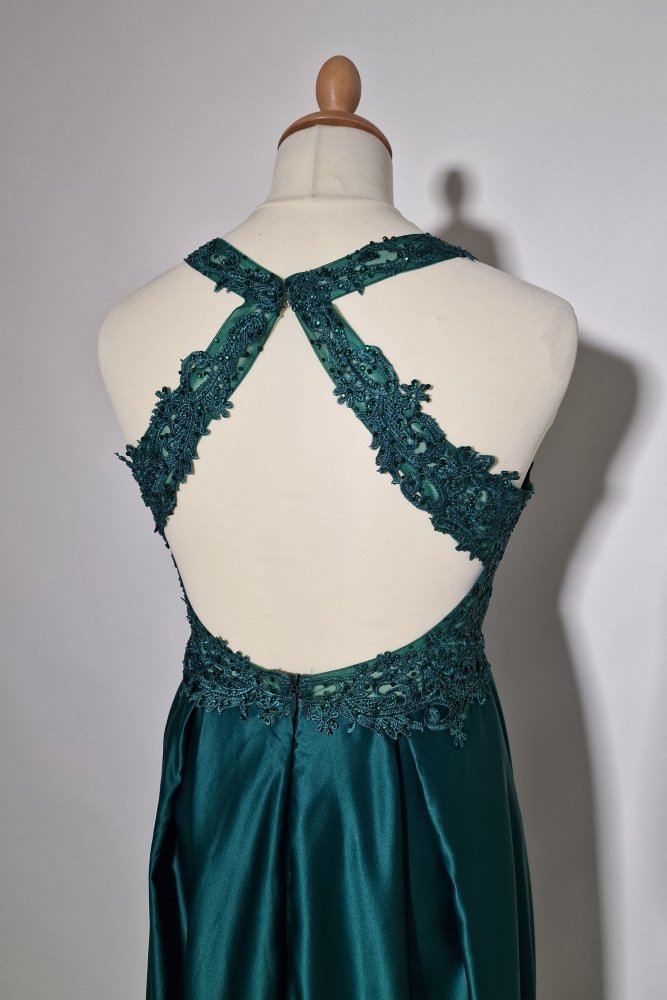 Große Größen Satinkleid mit Rundrückenausschnitt & Schlitz, dunkelgrün - Dein Kleiderladen