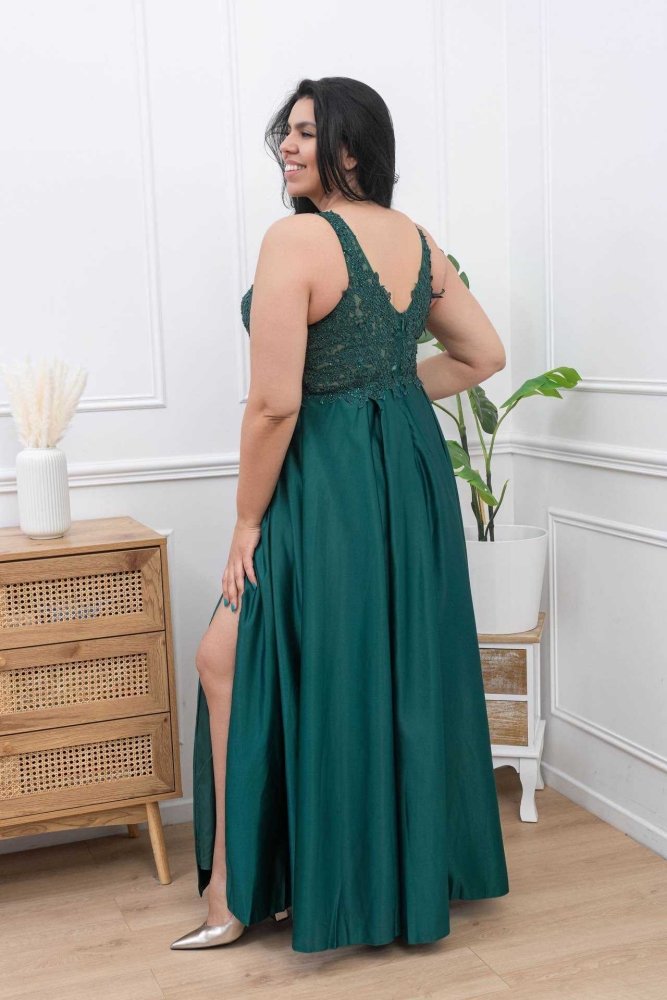 Große Größen Satinkleid mit V - Ausschnitt, Spitzenoberteil und Schlitz, dunkelgrün - Dein Kleiderladen
