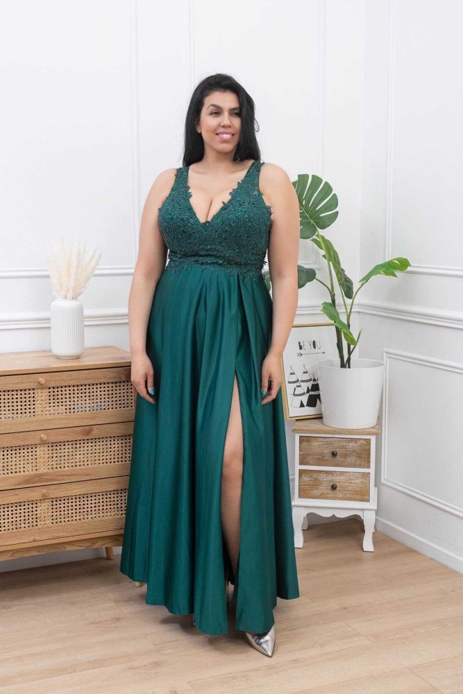 Große Größen Satinkleid mit V - Ausschnitt, Spitzenoberteil und Schlitz, dunkelgrün - Dein Kleiderladen