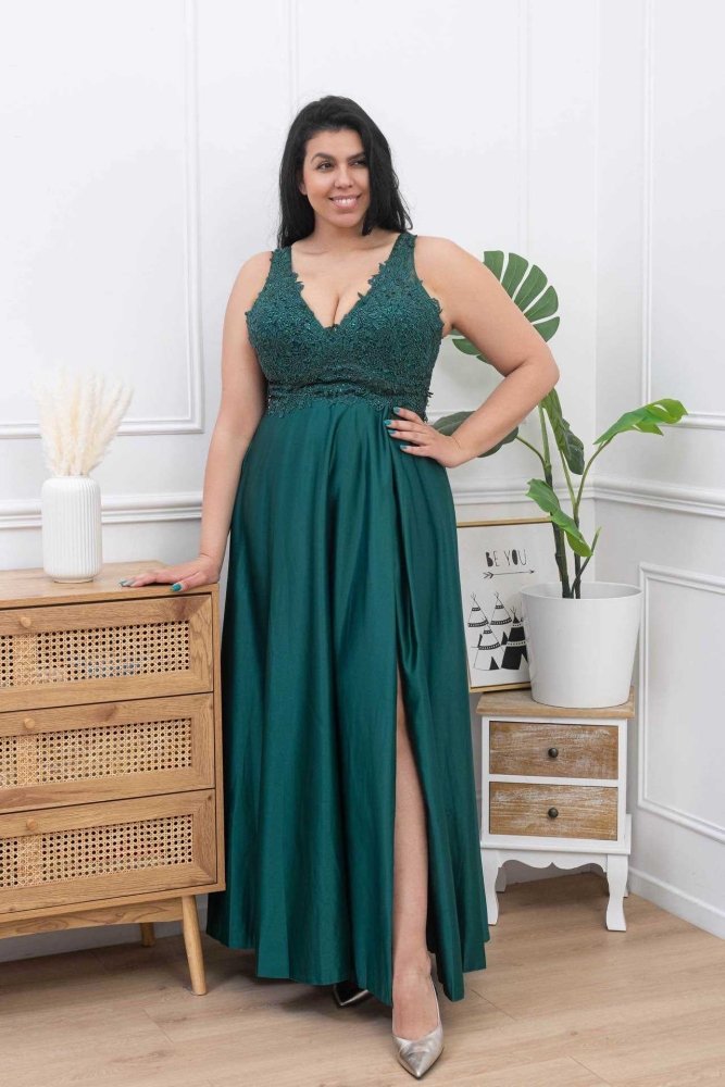 Große Größen Satinkleid mit V - Ausschnitt, Spitzenoberteil und Schlitz, dunkelgrün - Dein Kleiderladen