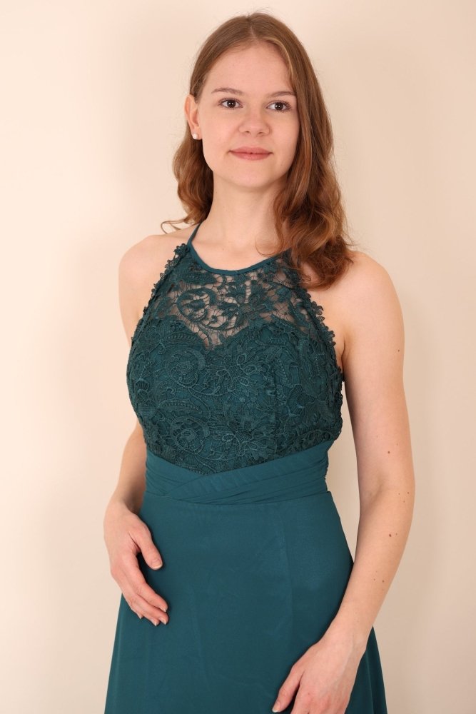 hochgeschlossenes Abendkleid mit Spitze, petrol - Dein Kleiderladen