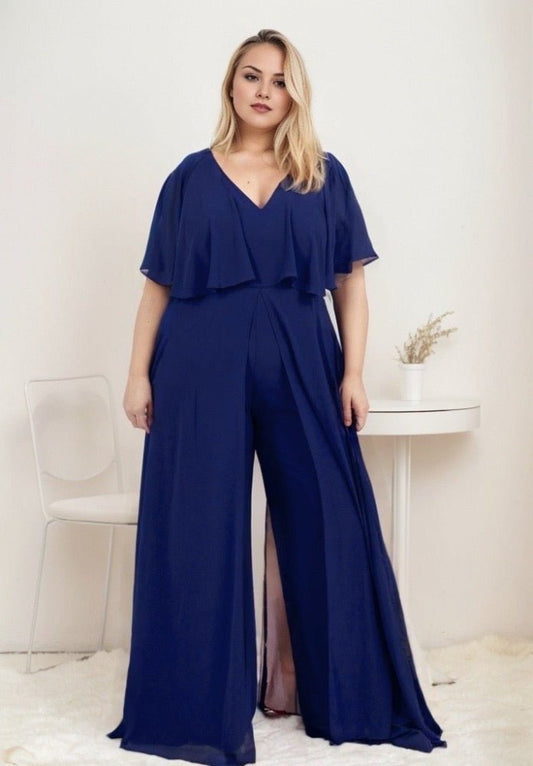 Jumpsuit mit Raffungen und Ärmeln, dunkelblau - Dein Kleiderladen