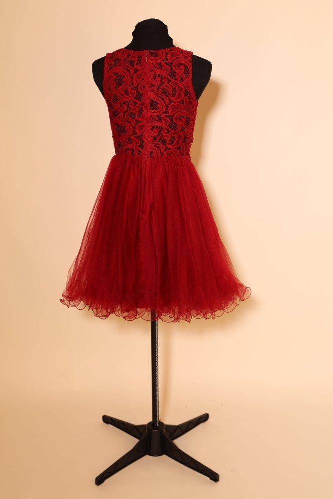 Kurzes, hochgeschlossenes Second Hand Tüllkleid, dunkelrot - Dein Kleiderladen