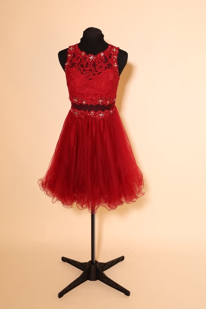 Kurzes, hochgeschlossenes Second Hand Tüllkleid, dunkelrot - Dein Kleiderladen