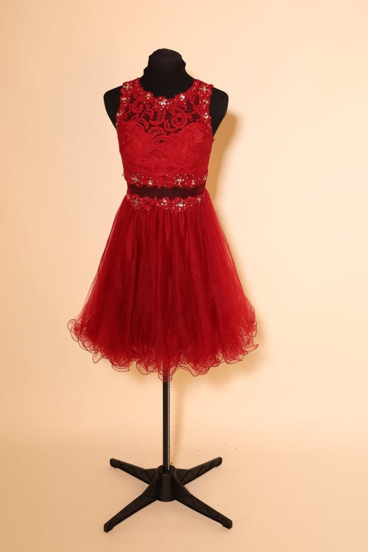 Kurzes, hochgeschlossenes Second Hand Tüllkleid, dunkelrot - Dein Kleiderladen