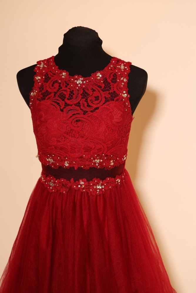 Kurzes, hochgeschlossenes Second Hand Tüllkleid, dunkelrot - Dein Kleiderladen