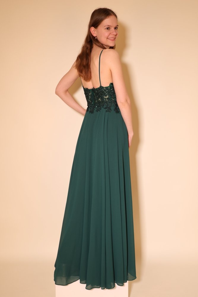 Langes Abendkleid mit bestickter Corsage und Schlitz, dunkelgrün - Dein Kleiderladen
