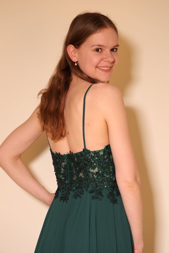 Langes Abendkleid mit bestickter Corsage und Schlitz, dunkelgrün - Dein Kleiderladen