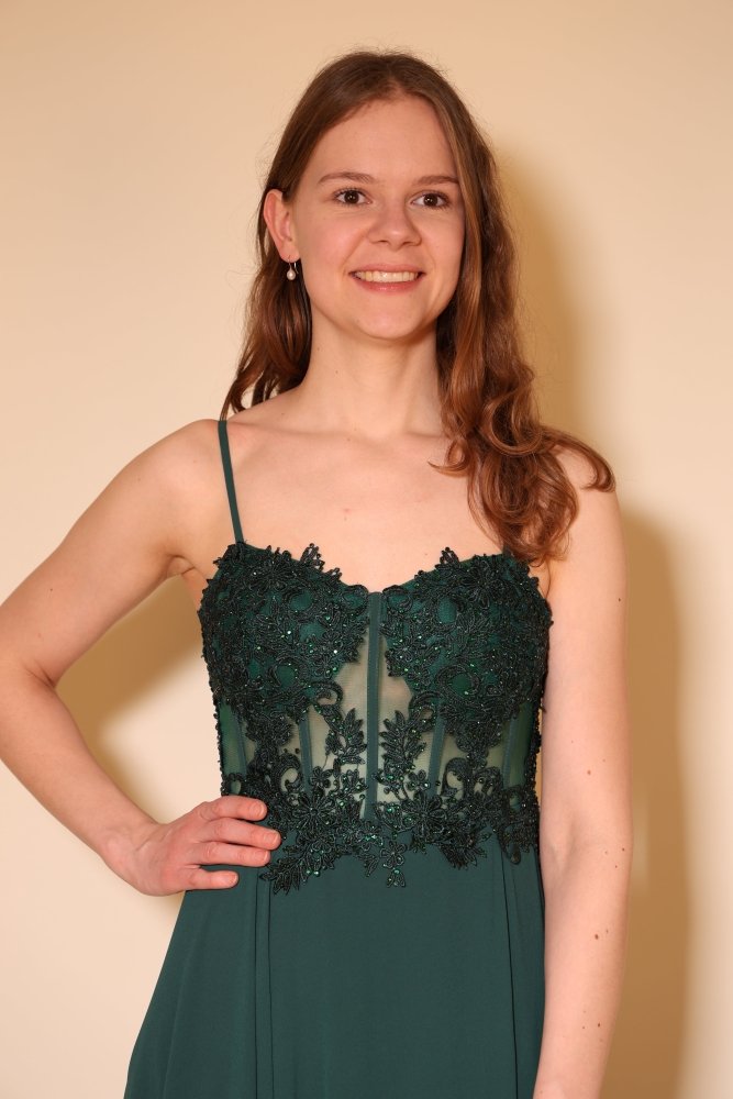 Langes Abendkleid mit bestickter Corsage und Schlitz, dunkelgrün - Dein Kleiderladen