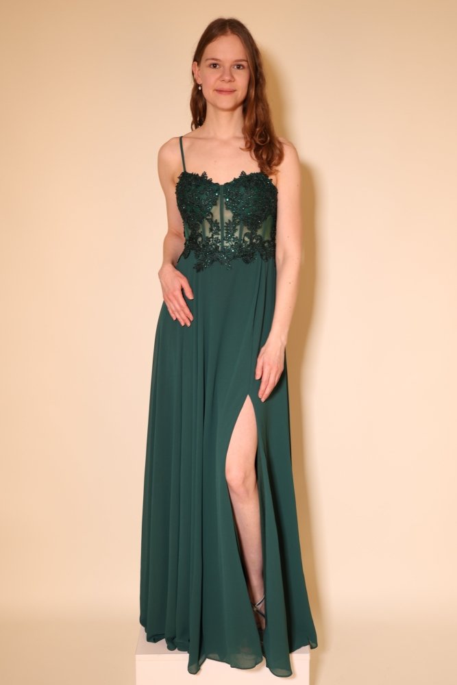 Langes Abendkleid mit bestickter Corsage und Schlitz, dunkelgrün - Dein Kleiderladen