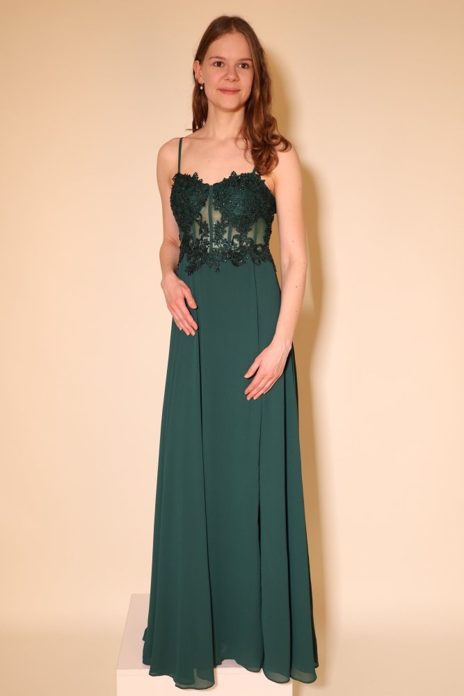 Langes Abendkleid mit bestickter Corsage und Schlitz, dunkelgrün - Dein Kleiderladen