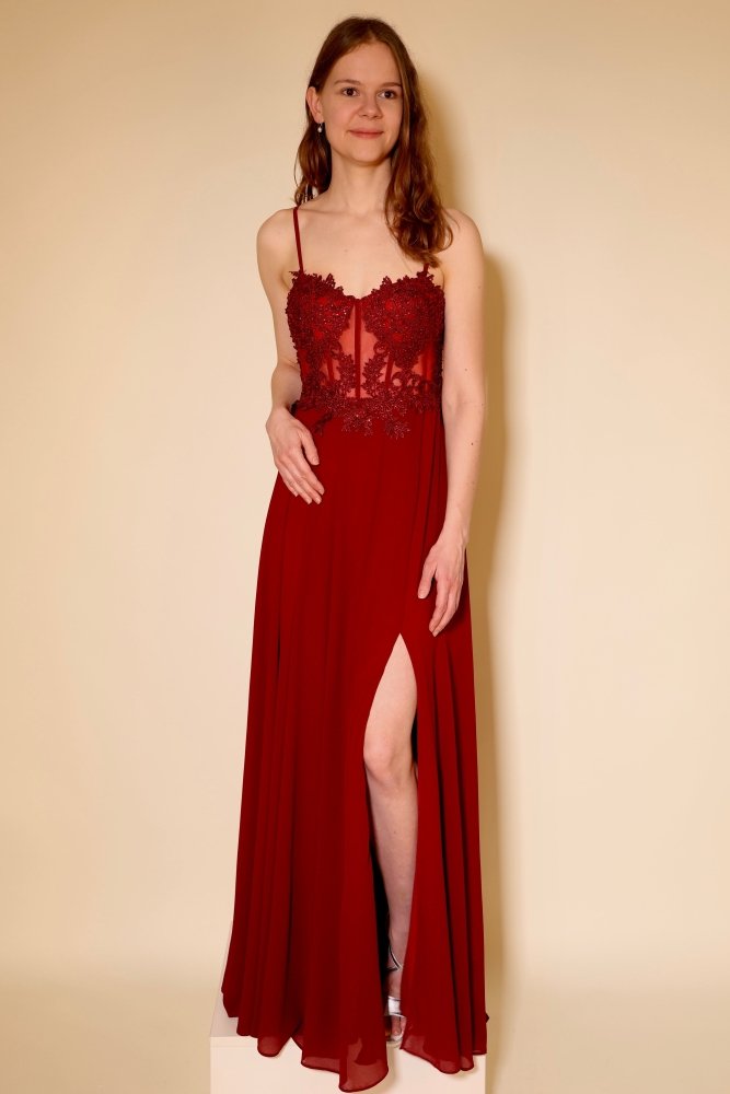 Langes Abendkleid mit bestickter Corsage und Schlitz, dunkelrot - Dein Kleiderladen