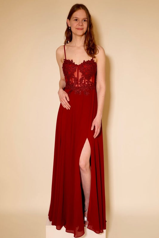 Langes Abendkleid mit bestickter Corsage und Schlitz, dunkelrot - Dein Kleiderladen