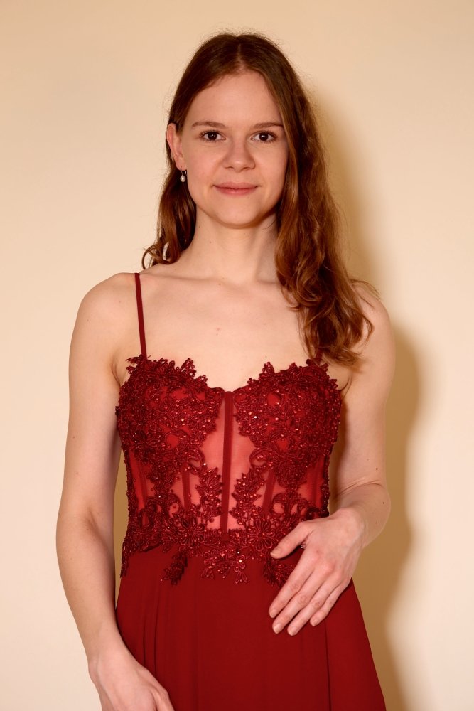 Langes Abendkleid mit bestickter Corsage und Schlitz, dunkelrot - Dein Kleiderladen