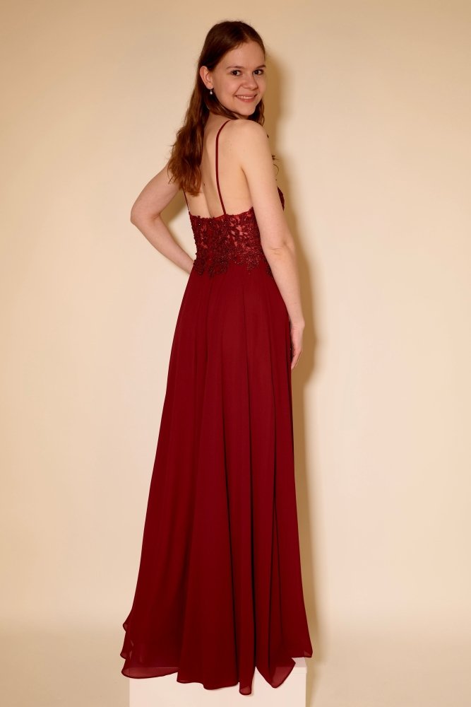 Langes Abendkleid mit bestickter Corsage und Schlitz, dunkelrot - Dein Kleiderladen