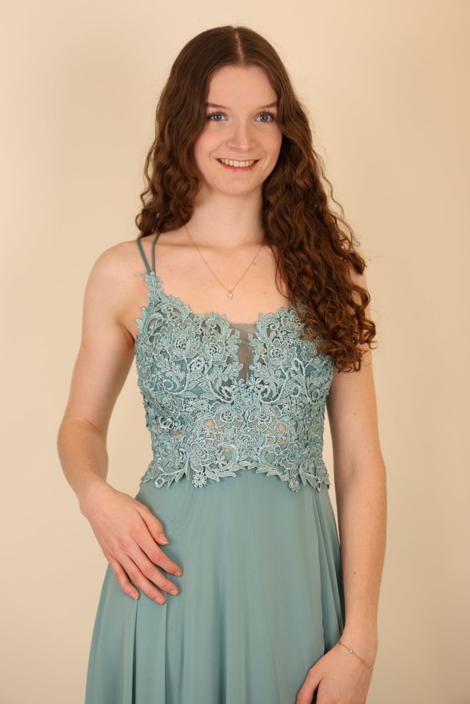 langes Abendkleid mit Schnürung, Spitzenoberteil und Schlitz, ozeanwelle - Dein Kleiderladen