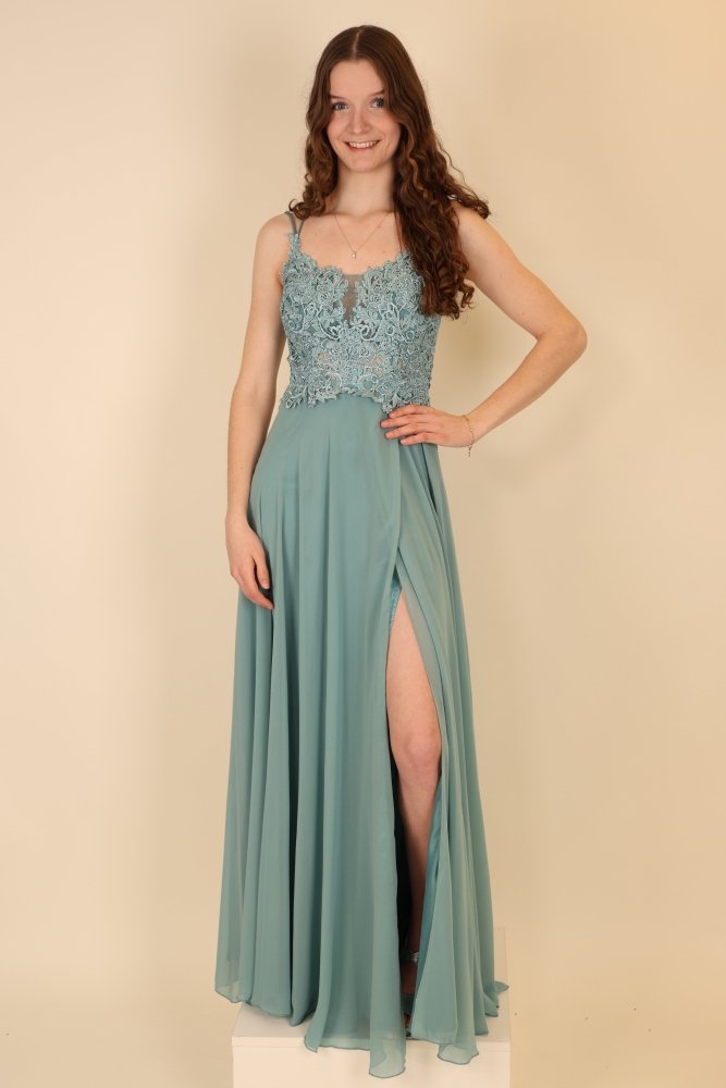 langes Abendkleid mit Schnürung, Spitzenoberteil und Schlitz, ozeanwelle - Dein Kleiderladen