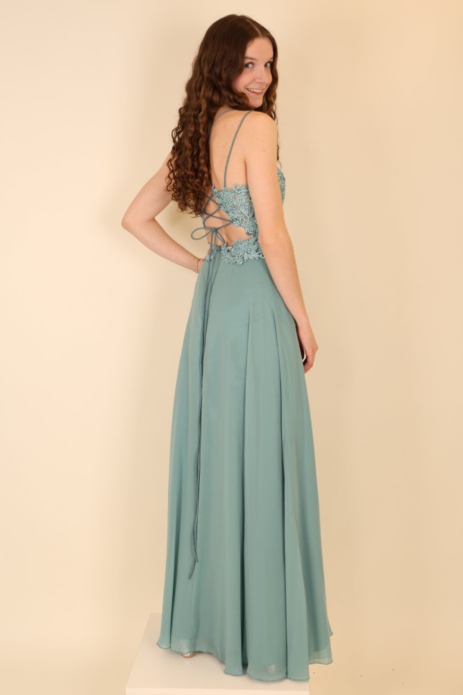 langes Abendkleid mit Schnürung, Spitzenoberteil und Schlitz, ozeanwelle - Dein Kleiderladen