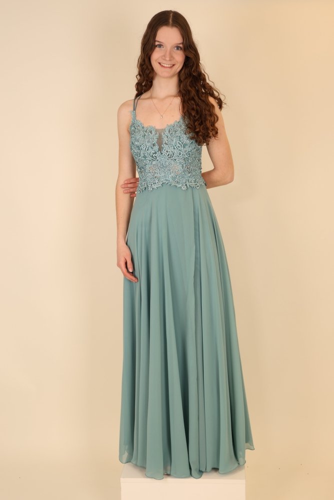 langes Abendkleid mit Schnürung, Spitzenoberteil und Schlitz, ozeanwelle - Dein Kleiderladen