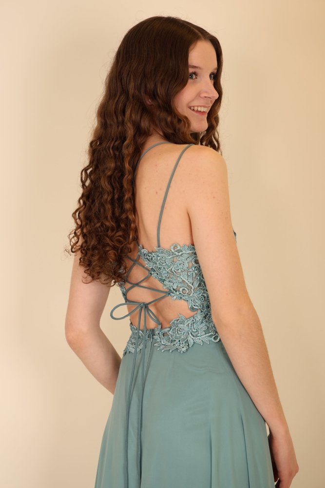 langes Abendkleid mit Schnürung, Spitzenoberteil und Schlitz, ozeanwelle - Dein Kleiderladen