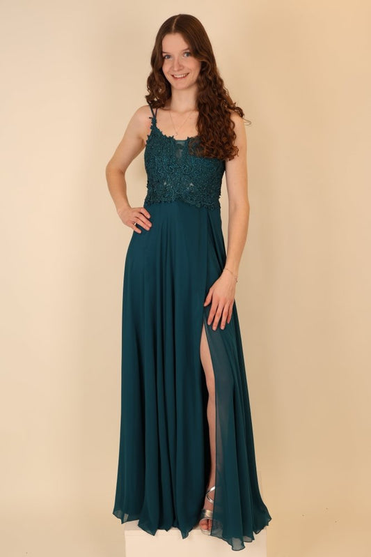 Langes Abendkleid mit Schnürung, Spitzenoberteil und Schlitz, petrol - Dein Kleiderladen
