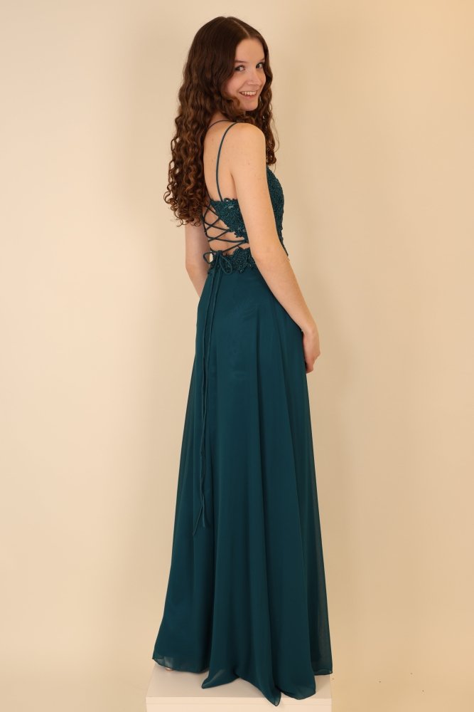 Langes Abendkleid mit Schnürung, Spitzenoberteil und Schlitz, petrol - Dein Kleiderladen