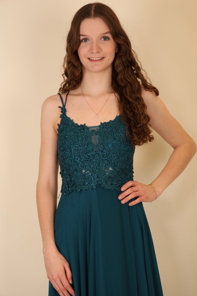 Langes Abendkleid mit Schnürung, Spitzenoberteil und Schlitz, petrol - Dein Kleiderladen
