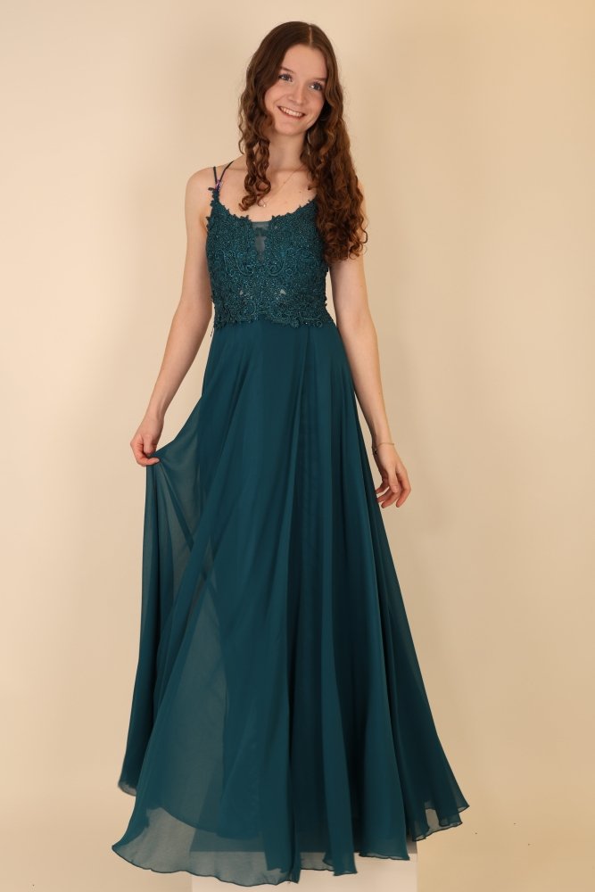 Langes Abendkleid mit Schnürung, Spitzenoberteil und Schlitz, petrol - Dein Kleiderladen