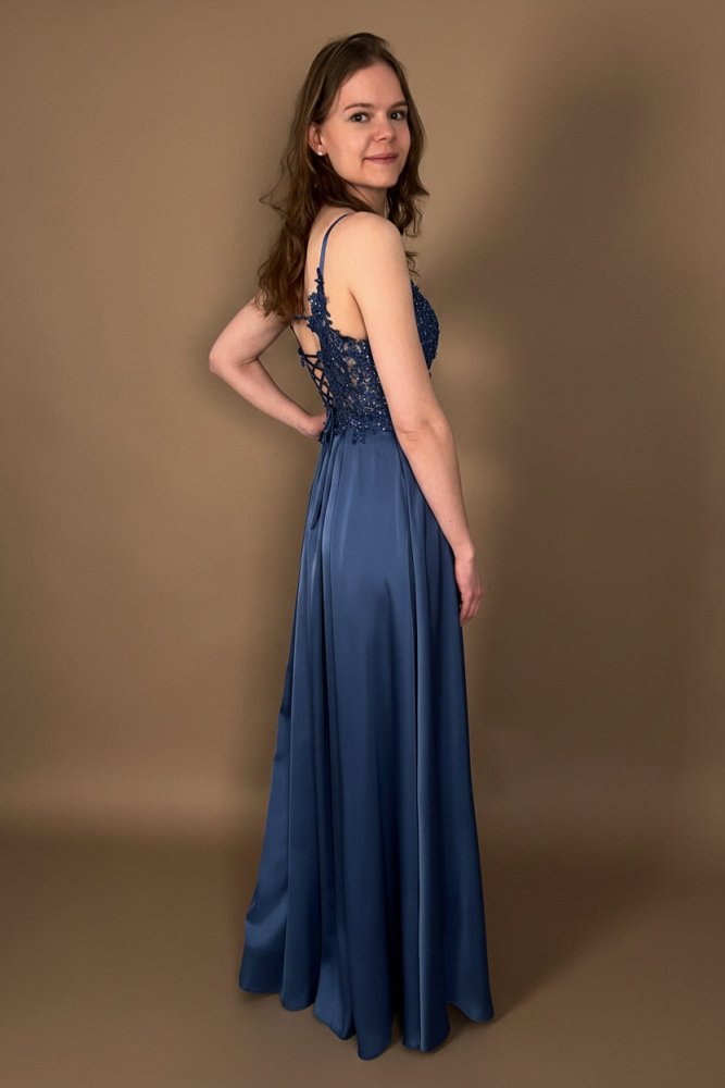 langes Abendkleid mit Spitze, Schnürung & Satinrock, taubenblau - Dein Kleiderladen