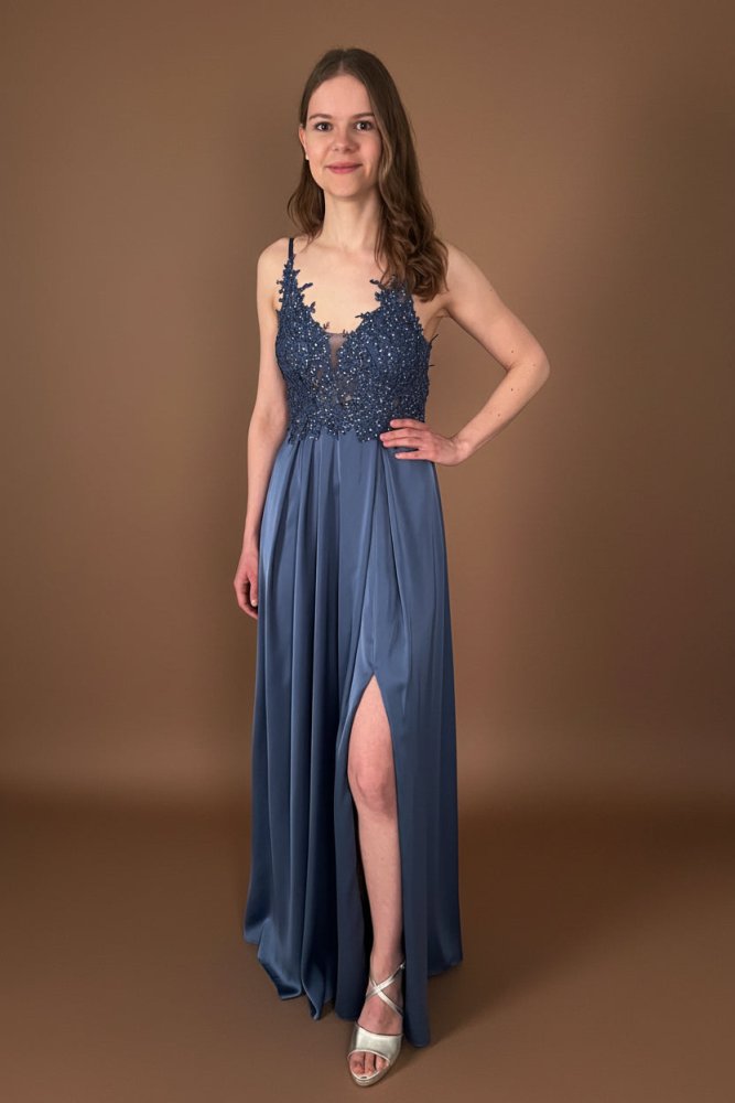 langes Abendkleid mit Spitze, Schnürung & Satinrock, taubenblau - Dein Kleiderladen