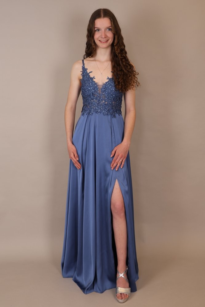langes Abendkleid mit Spitze, Schnürung & Satinrock, taubenblau - Dein Kleiderladen