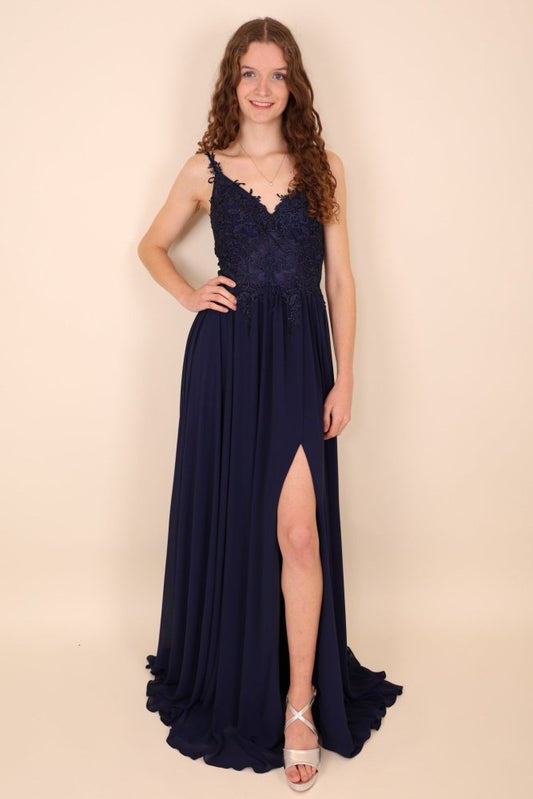 Ballkleid - Elegantes, langes Chiffonkleid mit feiner Spitze, dunkelblau - Dein Kleiderladen
