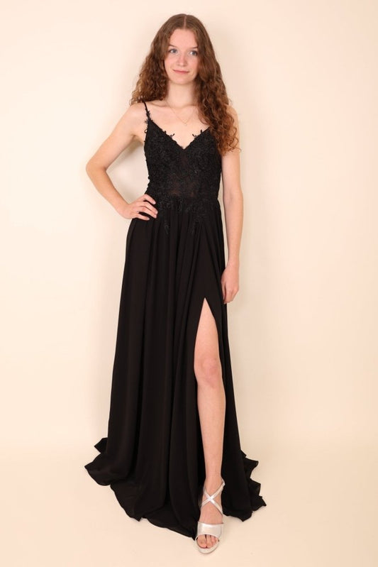 Langes Abendkleid mit Spitze und Schlitz, schwarz - Dein Kleiderladen