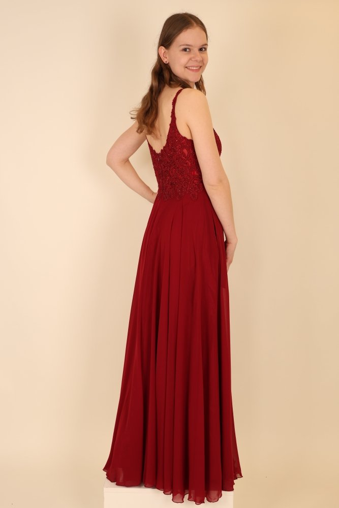 Langes Abendkleid mit Spitze und U - Ausschnitt, dunkelrot - Dein Kleiderladen