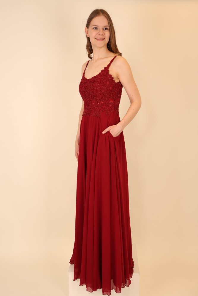 Langes Abendkleid mit Spitze und U - Ausschnitt, dunkelrot - Dein Kleiderladen