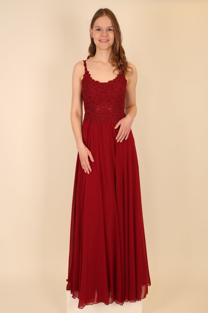 Langes Abendkleid mit Spitze und U - Ausschnitt, dunkelrot - Dein Kleiderladen