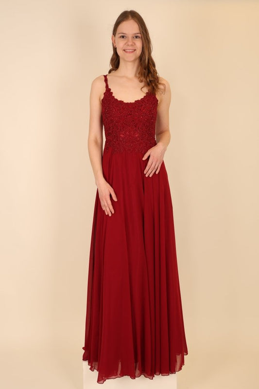 Langes Abendkleid mit Spitze und U - Ausschnitt, dunkelrot - Dein Kleiderladen