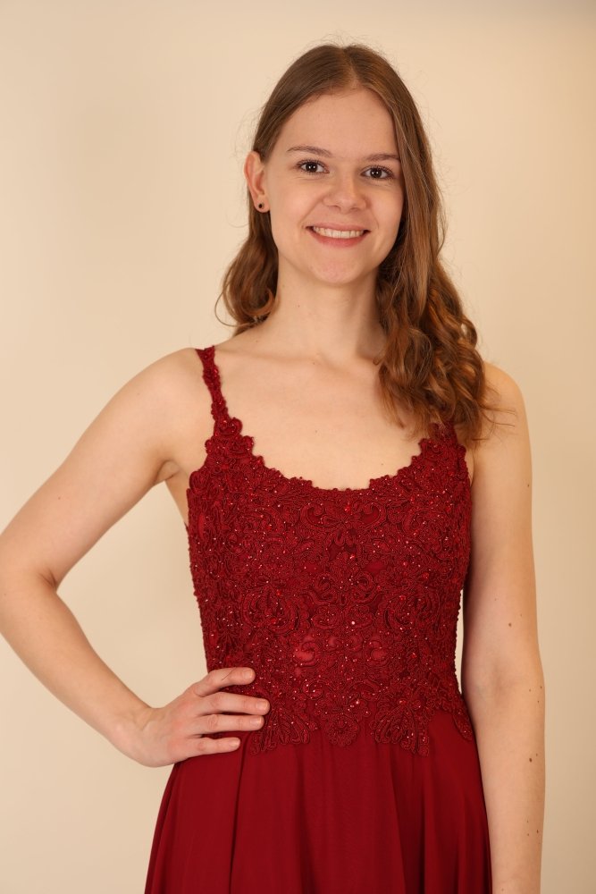 Langes Abendkleid mit Spitze und U - Ausschnitt, dunkelrot - Dein Kleiderladen