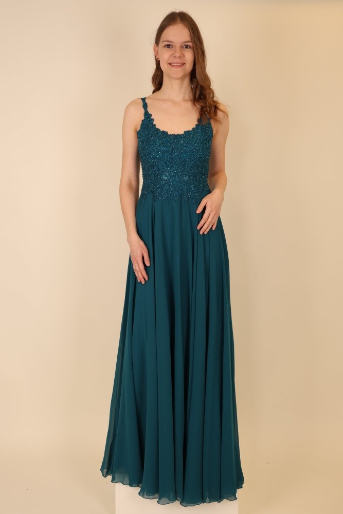 Langes Abendkleid mit Spitzenoberteil und U - Ausschnitt, petrol - Dein Kleiderladen
