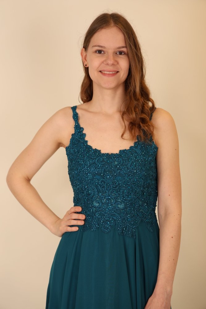 Langes Abendkleid mit Spitzenoberteil und U - Ausschnitt, petrol - Dein Kleiderladen