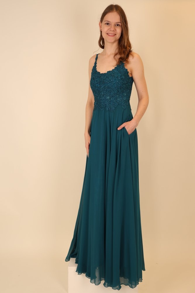 Langes Abendkleid mit Spitzenoberteil und U - Ausschnitt, petrol - Dein Kleiderladen
