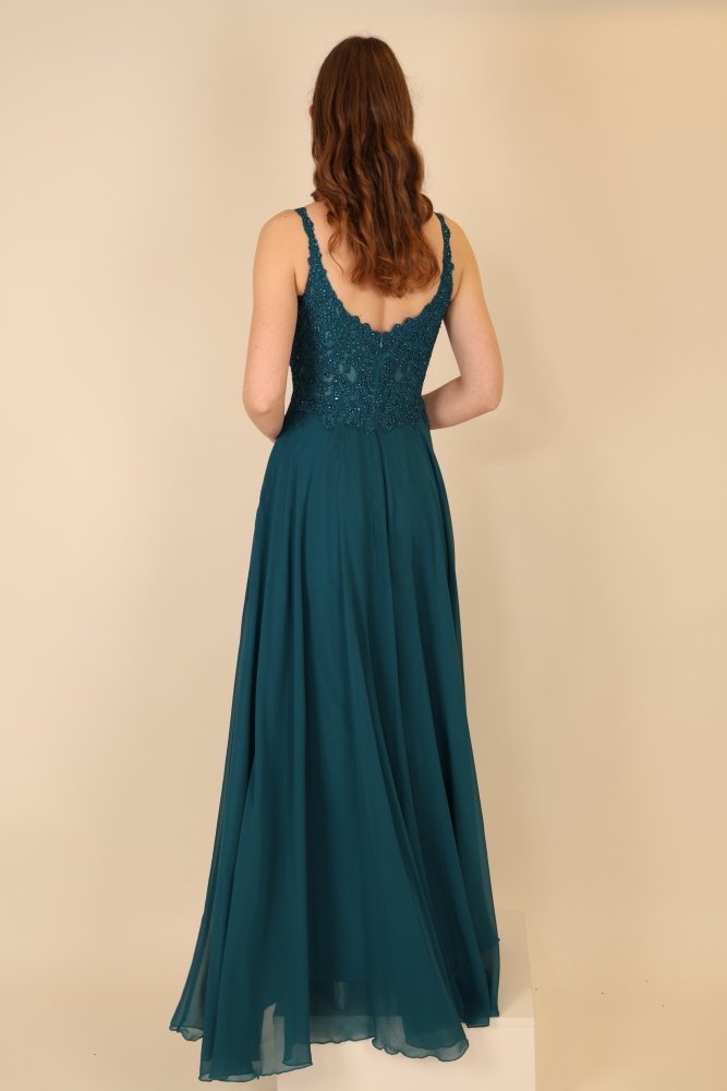 Langes Abendkleid mit Spitzenoberteil und U - Ausschnitt, petrol - Dein Kleiderladen