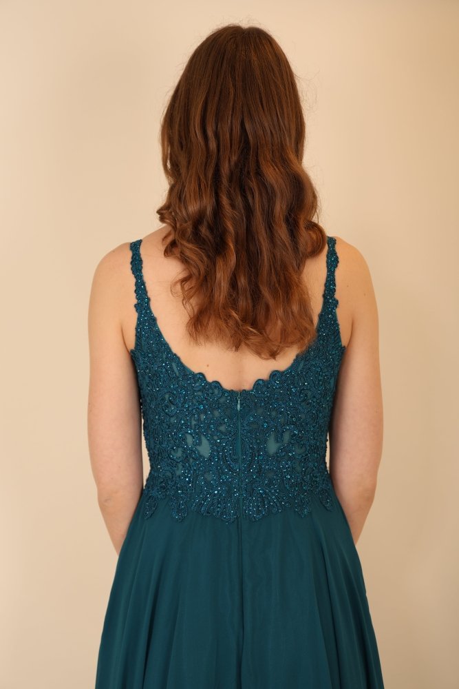 Langes Abendkleid mit Spitzenoberteil und U - Ausschnitt, petrol - Dein Kleiderladen