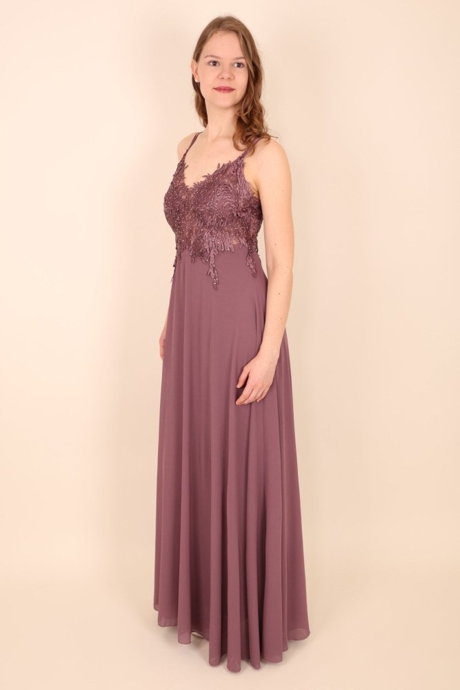Langes Ballkleid mit Spitze und Spaghettiträgern, lila - Dein Kleiderladen