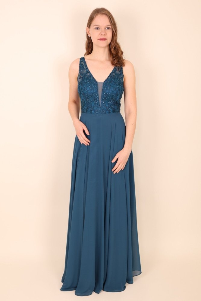 langes Ballkleid mit Spitzenoberteil, petrol - Dein Kleiderladen