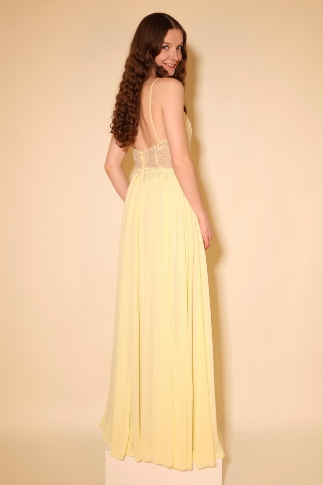 Langes Chiffon - Abendkleid mit Pailletten - Spitze & V - Ausschnitt, buttergelb - Dein Kleiderladen