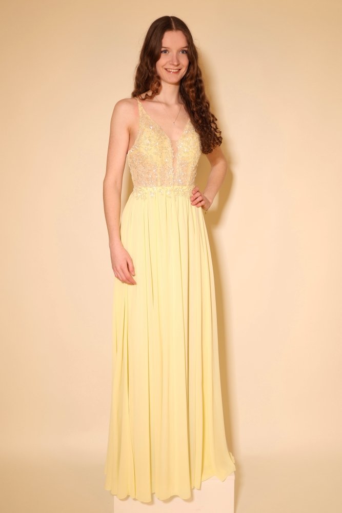 Langes Chiffon - Abendkleid mit Pailletten - Spitze & V - Ausschnitt, buttergelb - Dein Kleiderladen