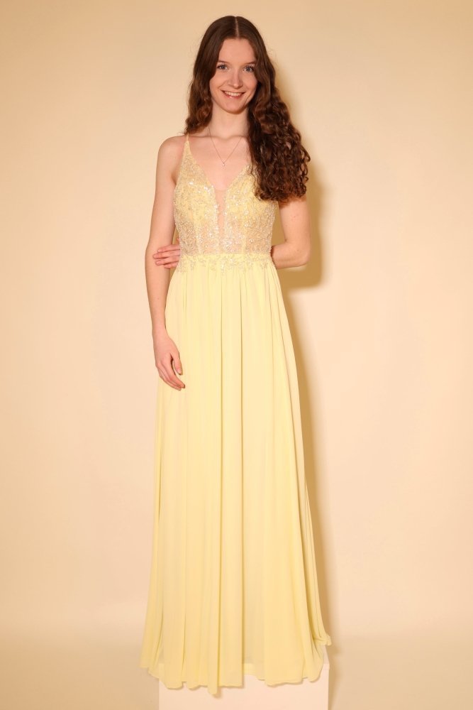 Langes Chiffon - Abendkleid mit Pailletten - Spitze & V - Ausschnitt, buttergelb - Dein Kleiderladen