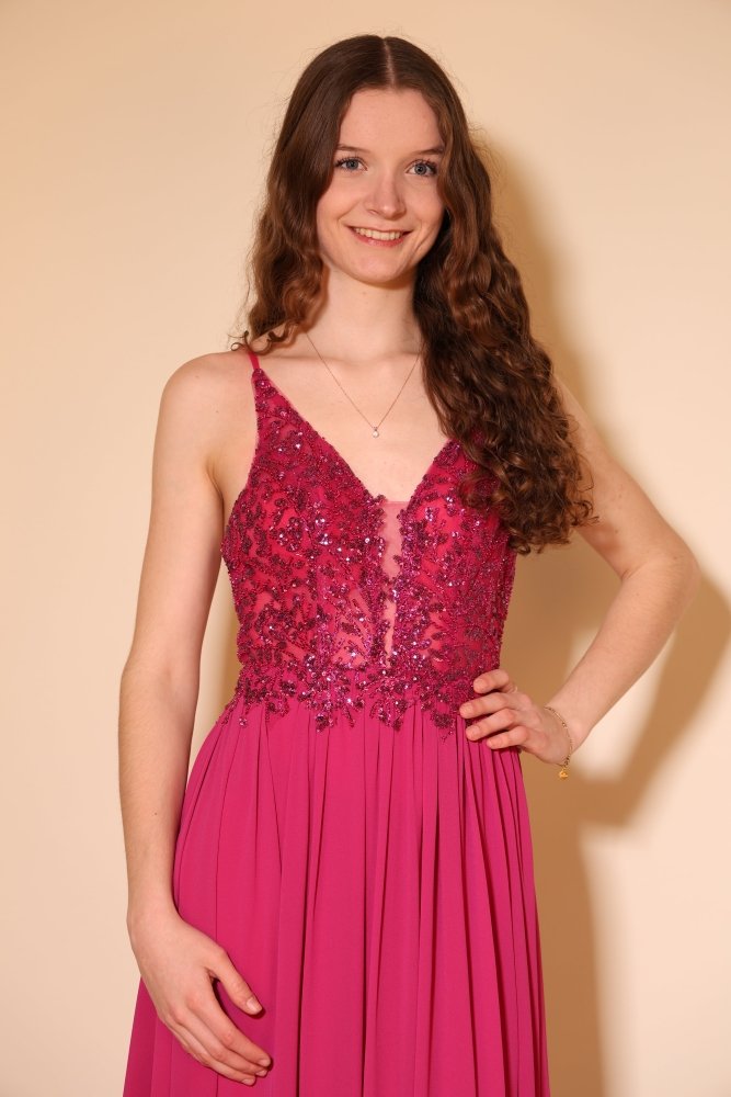 Langes Chiffon - Abendkleid mit Pailletten - Spitze & V - Ausschnitt, pink - Dein Kleiderladen