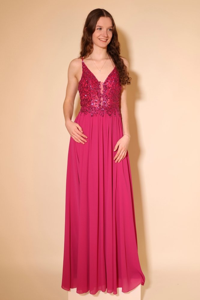 Langes Chiffon - Abendkleid mit Pailletten - Spitze & V - Ausschnitt, pink - Dein Kleiderladen